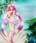  1girl angel_wings birth_of_venus breasts closed_mouth feathered_wings fine_art_parody gradient_hair halo highres jibril_(no_game_no_life) long_hair looking_at_viewer low_wings magic_circle multicolored multicolored_eyes multicolored_hair navel no_game_no_life nude parody pink_hair purple_eyes screencap smile solo standing tattoo very_long_hair white_wings wing_ears wings yellow_eyes 