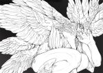  2018 5_fingers alternate_version_at_source ambiguous_gender avian claws covering_face crouching feathers greyscale harpy head_wings humanoid humanoid_hands koshkaah monochrome multi_wing nude solo watermark wings 