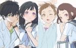  2boys 2girls black_hair blouse blush brown_eyes brown_hair chitanda_eru commentary eyebrows_visible_through_hair from_side fukube_satoshi green_eyes hand_on_own_chest head_on_hand holding hyouka ibara_mayaka korean_commentary long_hair looking_at_viewer looking_away mery_(apfl0515) multiple_boys multiple_girls one_eye_closed open_mouth oreki_houtarou purple_eyes red_eyes school_uniform serafuku shirt short_hair simple_background sketch uniform white_background white_shirt 