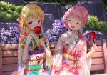  2girls :d ^_^ bang_dream! bangs bench blonde_hair blush bow candy_apple closed_eyes commentary_request covered_mouth day eyebrows_visible_through_hair floral_print flower food furisode hair_bow hair_flower hair_ornament holding holding_food japanese_clothes kimono long_hair long_sleeves lunacle maruyama_aya multiple_girls obi open_mouth outdoors park_bench pink_flower pink_hair pink_kimono print_kimono purple_eyes purple_flower red_bow sash shirasagi_chisato sitting smile white_flower white_kimono wide_sleeves 