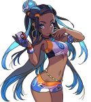 1girl armlet bare_shoulders black_hair blue_eyes blue_hair breasts closed_mouth commentary_request dark_skin earrings eyeshadow fingernails gloves gradient gradient_hair gym_leader hands_up highres holding holding_poke_ball jewelry lips long_hair looking_at_viewer makeup medium_breasts midriff multicolored_hair navel poke_ball pokemon pokemon_(game) pokemon_swsh rurina_(pokemon) shorts single_glove sleeveless smile solo sports_bikini stomach swimsuit yamashita_shun&#039;ya 