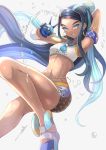  1girl arm_up armlet armpits bare_shoulders black_hair blue_eyes blue_hair breasts commentary_request dark_skin earrings eyeliner forehead gloves gym_leader hair_bun highres holding holding_poke_ball hoop_earrings jewelry legs long_hair looking_at_viewer makeup multicolored_hair navel necklace ohako_(ohako1818) poke_ball pokemon pokemon_(game) pokemon_swsh rurina_(pokemon) sandals shorts single_glove small_breasts smile solo thighs water 