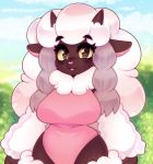  2019 anthro anthrofied big_breasts biped black_eyebrows bovid breasts brown_ears brown_eyes brown_fur brown_horn caprine clothed clothing detailed_background digital_media_(artwork) eyebrows eyelashes female fluffy fur grey_hair hair half-length_portrait hi_res horizontal_pupils horn leotard long_hair looking_at_viewer mammal multicolored_hair nintendo open_mouth pink_nose pok&eacute;mon pok&eacute;mon_(species) pok&eacute;morph portrait raikissu simple_background smile solo two_tone_hair video_games white_fur white_hair white_wool wool_(fur) wooloo 