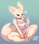  2019 3_toes 5_fingers aggressive_retsuko anthro big_ears big_tail biped black_eyes black_nose blush bottomless breasts canid canine cellphone clitoral_hood clothed clothing english_text female fennec fenneko fox front_view fur gradient_background hi_res holding_object inner_ear_fluff light_fur long_tail mammal multicolored_clothing multicolored_fur multicolored_topwear no_underwear outline pattern_background pattern_clothing pattern_topwear phone pink_clothing pink_topwear pussy sanrio secretly_saucy shirt signature simple_background sitting solo striped_clothing striped_shirt striped_topwear stripes tan_fur text toes topwear two_tone_fur 