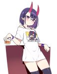  =3 alcohol beret black_legwear blush chan_co closed_eyes commentary_request cowboy_shot cup earrings fang fate/grand_order fate_(series) glasses hat highres holding holding_cup hood hoodie horns ice jewelry leaning_on_object looking_at_viewer oni open_mouth purple_eyes purple_hair shirt short_hair shuten_douji_(fate/grand_order) t-shirt thighhighs white_background white_shirt wristband 