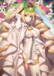  1girl anier bangs blonde_hair breasts cape cleavage closed_mouth cowboy_shot elbow_gloves eyebrows_visible_through_hair fate/extra fate/extra_ccc fate_(series) flower gloves green_eyes hair_between_eyes hand_in_hair hand_on_hip highres leotard looking_at_viewer medium_breasts nero_claudius_(bride)_(fate) nero_claudius_(fate)_(all) pink_flower pink_rose rose short_hair sidelocks smile solo standing thighhighs veil white_cape white_flower white_gloves white_legwear white_leotard zipper 