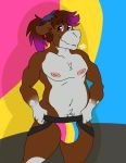  2019 absurd_res anthro bottomwear bovid bovine cattle clothed clothing digital_media_(artwork) hair hi_res horn lgbt_pride male mammal nipples pansexual_pride_colors pride_colors simple_background slightly_chubby smile solo sylvanedadeer thick_thighs underwear 