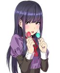  bangs blush brown_eyes candy food high_score_girl highres lollipop long_hair long_sleeves oono_akira puffy_sleeves purple_hair ribbon tongue tongue_out yamashita_shun&#039;ya 