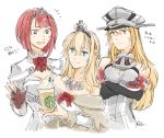  3girls ark_royal_(kantai_collection) bangs bare_shoulders bismarck_(kantai_collection) blonde_hair blue_eyes blunt_bangs blush bob_cut braid breasts brown_gloves cleavage_cutout closed_mouth collarbone commentary cropped_torso crossed_arms crown cup detached_sleeves disposable_cup dress drinking_straw eyebrows_visible_through_hair fingerless_gloves flower french_braid gloves hair_between_eyes hair_ornament hair_over_shoulder hairband hat jewelry kantai_collection long_hair military military_hat military_uniform mini_crown multiple_girls necklace off-shoulder_dress off_shoulder open_mouth peaked_cap red_eyes red_flower red_ribbon red_rose ribbon rose round_teeth short_hair signature simple_background smile starbucks sweat teeth tiara translated uniform warspite_(kantai_collection) white_background white_dress yamada_rei_(rou) 