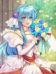  1girl 2900cm aqua_hair artist_name blue_eyes bouquet bride dress eirika fire_emblem fire_emblem:_seima_no_kouseki flower hair_flower hair_ornament holding holding_bouquet long_hair open_mouth petals solo upper_body wedding_dress white_dress 