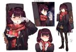  1girl absurdres alternate_costume bangs be_garam black_coat black_footwear black_legwear black_skirt black_vest blush boots breasts breathing brown_skirt coat crying crying_with_eyes_open eyebrows_visible_through_hair gift girls_frontline giving gloves hair_ornament hair_ribbon half-closed_eyes half_updo hand_in_pocket happy_tears high_heel_boots high_heels highres holding holding_gift large_breasts long_hair looking_at_viewer necktie one_eye_closed one_side_up open_clothes open_coat open_mouth pantyhose plaid plaid_skirt pleated_skirt purple_hair red_eyes red_neckwear red_scarf ribbon scarf shirt sidelocks simple_background skirt snowflake_hair_ornament snowflake_print tears twitter_username untucked_shirt very_long_hair vest wa2000_(girls_frontline) weapon_bag white_gloves 