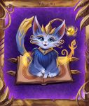  annaperci blue_eyes blue_fur book domestic_cat felid feline felis female feral fur fur_tuft hi_res inner_ear_fluff league_of_legends looking_at_viewer mammal open_book open_mouth pink_nose riot_games sitting solo tuft video_games yellow_fur yuumi_(lol) 