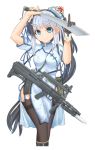  1girl arms_up assault_rifle bag bayonet between_breasts black_footwear black_gloves black_hair black_legwear blue_dress blue_eyes boots breasts bun_cover carrying china_dress chinese_clothes double_bun dress eyebrows_visible_through_hair garter_straps gloves gun hair_ornament high_collar highres holding holding_sword holding_weapon knee_boots long_hair medium_breasts medium_dress mikeran_(mikelan) military multicolored_hair original print_dress rifle satchel short_sleeves side_slit silver_hair single_glove solo sword thighhighs two-tone_hair very_long_hair weapon weapon_request 