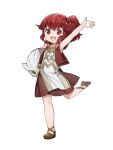  1girl anna_(fire_emblem) dress feh_(fire_emblem_heroes) fire_emblem fire_emblem_heroes full_body highres holding kishiro_az leg_up long_hair open_mouth red_eyes red_hair simple_background sleeveless solo stuffed_toy white_background younger 