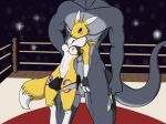  anthro being_watched breasts canid canine clothed clothing digimon digimon_(species) erection faceless_male female fox fur gravyfox hi_res looking_at_another male mammal mask muscular pants_down partially_clothed pussy renamon ring scalie sex thigh_sex torn_clothing wrestling yellow_fur 