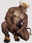  2019 abs animated anthro armpit_hair balls belly biceps big_penis black_penis blonde_hair bodily_fluids bovid bovine brown_eyes cattle clothed clothing cloven_hooves crouching cum cum_on_face detailed erection eyebrows facial_hair facial_piercing front_view genital_fluids grey_skin grope hair hand_on_balls hand_on_penis hooves horn humanoid_penis jockstrap kneeling long_penis looking_at_viewer male mammal muscular muscular_male nipple_piercing nipples nose_piercing nose_ring partially_clothed pecs penis piercing pose rnarccus septum_piercing shirt simple_background smile solo sweat tank_top teeth topwear underwear vein white_background white_horn zato 