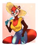  2019 ailurid anthro big_breasts blue_eyes blush bottomwear breasts chest_tuft clothed clothing dessert digital_media_(artwork) female food hair heart_nose hi_res ice_cream inner_ear_fluff jeans mammal open_mouth outside pants red_panda short_hair simple_background sketch smile solo standing tuft yurihimawari 