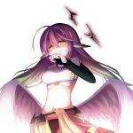  1girl ahoge angel_wings blood blood_on_face breasts bridal_gauntlets closed_mouth crop_top cross evil_smile feathered_wings gradient_hair hair_between_eyes halo jibril_(no_game_no_life) long_hair looking_at_viewer low_wings magic_circle medium_breasts midriff multicolored_hair no_game_no_life pink_hair smile solo sugar_(dndi888) symbol-shaped_pupils tattoo very_long_hair white_wings wing_ears wings yellow_eyes 