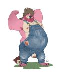  2019 anthro armpit_hair balls clothing eyes_closed flaccid fur furrybob hi_res humanoid_hands humanoid_penis male mammal moobs nipples overalls overweight overweight_male penis pink_fur simple_background solo ursid white_background 