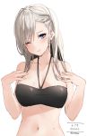  1girl ;) azur_lane bangs belfast_(azur_lane) bikini black_bikini blue_eyes blush braid breasts character_name cleavage collarbone commentary dated eyebrows_visible_through_hair french_braid head_tilt highres large_breasts long_hair looking_at_viewer navel one_eye_closed sidelocks silver_hair simple_background smile solo stomach swimsuit twitter_username upper_body wet white_background xretakex 