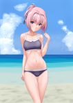  alternate_costume beach bikini blue_bikini blue_eyes blue_sky blush breasts closed_mouth cloud eyebrows_visible_through_hair hair_between_eyes hair_ribbon highres kantai_collection medium_breasts navel ocean pink_hair ribbon shiranui_(kantai_collection) short_ponytail sky swimsuit t2r 