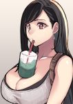  1girl bare_shoulders bl00d_h00d breasts brown_hair bubble_tea bubble_tea_challenge cleavage collarbone cup drink drinking_straw earrings final_fantasy final_fantasy_vii final_fantasy_vii_remake highres jewelry large_breasts long_hair open_mouth red_eyes solo suspenders tank_top taut_clothes tifa_lockhart undershirt upper_body 