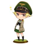  1girl black_bow black_footwear black_neckwear blonde_hair boots bow bowtie brown_eyes brown_jacket chibi closed_mouth erwin_(girls_und_panzer) faux_figurine girls_und_panzer goggles goggles_on_headwear green_headwear hands_in_pockets hat jacket knee_boots long_sleeves looking_at_viewer military_hat military_jacket ooarai_military_uniform ooarai_school_uniform open_clothes open_jacket peaked_cap pointy_hair school_uniform shinaso_(sachi-machi) short_hair simple_background smile solo sparkle standing white_background 
