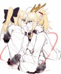  2girls antlers artoria_pendragon_(all) black_bow blonde_hair blush bow face-to-face fate/grand_order fate/hollow_ataraxia fate/unlimited_codes fate_(series) fur_trim green_eyes hair_bow hug incest long_sleeves looking_at_another mordred_(fate) mordred_(fate)_(all) multiple_girls open_mouth partially_colored ponytail profile red_string reindeer_antlers reindeer_tail saber_lily sketch smile string tail upper_body white_background yorukun yuri 