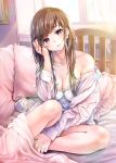  1girl alarm_clock bare_legs bare_shoulders blanket blush breasts brown_hair camisole cleavage clock collarbone commentary_request curtains day head_tilt indoors jacket long_hair long_sleeves looking_at_viewer medium_breasts off_shoulder on_bed open_clothes open_jacket original pillow pink_jacket purple_eyes revision shirt sidelocks sitting smile solo strap_slip sunlight thighs tokeshi white_shirt window 