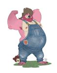  2019 anthro armpit_hair clothing eyes_closed fur furrybob hat headgear headwear hi_res humanoid_hands male mammal moobs nipples overalls overweight overweight_male pink_fur simple_background solo ursid white_background 