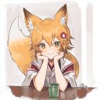  1girl :3 animal_ear_fluff animal_ears blonde_hair chin_rest closed_mouth commentary cup flower fox_ears fox_girl fox_tail hair_flower hair_ornament hands_up japanese_clothes kimono looking_at_viewer nagu red_flower senko_(sewayaki_kitsune_no_senko-san) sewayaki_kitsune_no_senko-san short_hair signature smile solo tail white_kimono yellow_eyes 