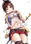  1girl :d atelier_(series) atelier_ryza bangs belt blush breasts brown_eyes brown_hair buckle collarbone commentary cowboy_shot gloves hair_ornament hairclip hat highres holding holding_staff jewelry looking_at_viewer midriff navel necklace open_mouth red_shorts reisalin_stout short_hair short_shorts shorts sidelocks signature simple_background skindentation smile solo staff star star_necklace thighhighs thighs white_background white_headwear wsman 