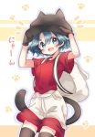  bag bangs black_eyes black_hair black_legwear blush eyebrows_visible_through_hair gloves hand_on_headwear hat highres kaban_(kemono_friends) kemono_friends life_neko72 looking_at_viewer notice_lines nyan open_mouth paw_print red_shirt shirt shirt_tucked_in short_hair short_sleeves shorts smile tail thighhighs thighs wavy_hair 