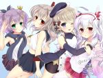  4girls arm_up artist_name ayanami_(azur_lane) azur_lane beret bike_shorts blonde_hair blue_eyes blush checkered checkered_skirt commentary_request crown elbow_gloves eyebrows_visible_through_hair gloves green_eyes hair_between_eyes hair_ornament hairclip hand_on_another&#039;s_shoulder hat javelin_(azur_lane) kayura_yuka laffey_(azur_lane) looking_at_viewer mini_crown multiple_girls neckerchief one_eye_closed open_mouth purple_hair red_eyes sailor_collar short_hair short_ponytail signature skirt sleeveless smile thighhighs twintails white_hair white_legwear white_serafuku yellow_neckwear z23_(azur_lane) zettai_ryouiki 