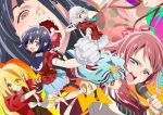  absurdres ahoge black_hair blonde_hair blue_hair bow brown_hair coat fingerless_gloves gloves grin hair_ornament head_out_of_frame highres holding_hands hoshikawa_lily konno_junko low_twintails microphone minamoto_sakura mizuno_ai multicolored_hair nikaidou_saki open_mouth polka_dot polka_dot_bow red_hair sailor_collar silver_hair skirt smile star star_hair_ornament streaked_hair teeth tongue tsurukame_(doku) twintails white_gloves yamada_tae yuugiri_(zombie_land_saga) zombie_land_saga 