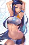  1girl armband armlet armpits arms_up black_hair blue_eyes blue_hair breasts camletoe character_name commentary contrapposto cowboy_shot earrings eyeliner gloves groin gtunver gym_leader hair_bun highres hoop_earrings jewelry long_hair looking_at_viewer makeup multicolored_hair navel necklace open_mouth pokemon pokemon_(game) pokemon_swsh rurina_(pokemon) signature single_glove solo stomach swimsuit tankini wet wet_clothes 