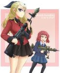  2girls assam black_legwear black_neckwear black_ribbon black_skirt blonde_hair blue_eyes blue_skirt blue_sweater brown_eyes closed_mouth commentary_request dress_shirt english_text epaulettes explosive girls_und_panzer grenade grenade_launcher gun hair_pulled_back highres holding holding_gun holding_weapon jacket l1a1 leaning_forward long_hair long_sleeves looking_at_viewer medium_hair mikeran_(mikelan) military military_uniform miniskirt multiple_girls necktie open_mouth pantyhose partial_commentary piat pleated_skirt red_hair red_jacket ribbon rifle_grenade rosehip school_uniform shirt skirt smile smirk st._gloriana&#039;s_military_uniform st._gloriana&#039;s_school_uniform standing sweater trigger_discipline uniform v-neck v-shaped_eyebrows weapon white_shirt wing_collar 