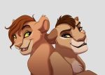  2019 ambiguous_gender brown_eyes disney duo felid feral fur green_eyes lion mammal pantherine simple_background smile tan_fur the_lion_king x-zelfa yellow_sclera 
