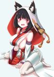  1girl :d animal_ear_fluff animal_ears areolae azur_lane bangs bare_shoulders between_legs black_hair blunt_bangs blush breasts cat_ears clothes_pull detached_sleeves eyebrows_visible_through_hair fang hand_between_legs japanese_clothes kimono large_breasts long_sleeves looking_at_viewer open_mouth porontyo_07 pulled_by_self red_eyes short_hair sitting smile solo uchikake v-shaped_eyebrows wariza white_legwear wide_sleeves yamashiro_(azur_lane) 