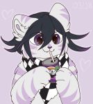  &lt;3 &lt;3_eyes 2018 :3 alternate_species ambiguous_gender anthro black_hair blush drinking fanta felid feline fur godmaki hair holding_object kokichi_oma mammal purple_eyes purple_fur scarf semi-anthro solo white_fur 