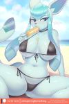  2019 anthro beach bikini blue_eyes blush bodily_fluids breasts camel_toe canid clothed clothing collar digital_media_(artwork) eeveelution english_text female food glaceon half-closed_eyes hi_res lonelycross mammal navel nintendo open_mouth outside patreon pok&eacute;mon pok&eacute;mon_(species) popsicle seaside solo spread_legs spreading swimwear text tongue tongue_out video_games 