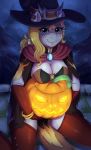  2017 absurd_res armwear blonde_hair blue_eyes blush breasts cape cleavage clothed clothing corset costume elbow_gloves equid equine evo_(oc) evomanaphy fan_character female food freckles fruit gloves hair handwear hat headgear headwear hi_res horse jack-o&#039;-lantern kneeling legwear lingerie mammal my_little_pony napstablook plant pony pumpkin solo stockings undertale video_games wizard_hat 