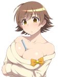  1girl ahoge bangs bare_shoulders beige_shirt blush breasts brown_hair bubble_tea_challenge bust_cup cleavage closed_mouth collarbone commentary crossed_arms drinking_straw eyebrows_visible_through_hair frown hair_between_eyes honda_mio idolmaster idolmaster_cinderella_girls large_breasts liquid long_sleeves looking_at_viewer milk_tea off-shoulder_shirt off_shoulder pataniito shiny shiny_hair shiny_skin shirt short_hair sidelocks simple_background solo sweatdrop upper_body yellow_eyes 