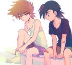  2boys ? ash_ketchum bandaid bandaid_on_arm bandaid_on_leg bangs bare_arms black_hair black_shirt brown_hair commentary_request eyebrows_visible_through_hair gary_oak hair_between_eyes itome_(funori1) looking_down male_focus multiple_boys pokemon pokemon:_the_electric_tale_of_pikachu purple_shorts shirt short_hair short_sleeves shorts sitting sleeveless sleeveless_shirt socks spiked_hair t-shirt tank_top white_background white_legwear white_shirt 