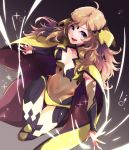  1girl :d ataka_takeru blonde_hair blue_eyes bodysuit breasts cape cleavage collarbone fire_emblem fire_emblem_if full_body long_hair looking_at_viewer navel open_mouth ophelia_(fire_emblem_if) panties small_breasts smile solo thighhighs underwear very_long_hair yellow_cape yellow_panties 