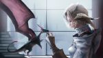  1girl 1other absurdres au_ra blonde_hair blue_eyes blurry blurry_background braid chimera_light dragon dragon_horns earrings final_fantasy final_fantasy_xiv highres hood hood_down horns jewelry lips midgardsormr ring scales short_hair signature sleeves_past_wrists smile upper_body window 