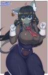  2019 absurd_res anthro big_breasts black_hair blue_eyes breasts clothed clothing ear_piercing ear_ring felid feline female fur gloves green_eyes grey_fur hair handwear heterochromia hi_res inner_ear_fluff kemono long_hair looking_at_viewer mammal mofumofumachine necktie overalls paws piercing portrait print solo thick_thighs three-quarter_portrait white_fur 