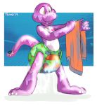  bloated claws diaper dinosaur hi_res inflatable pool_(disambiguation) pool_toy purple_body reptile scalie soggy swollen techno. towel water wet zoran 
