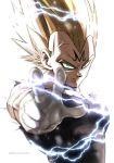  1boy aiming aiming_at_viewer aqua_eyes backlighting black_shirt blonde_hair commentary_request dragon_ball dragon_ball_z electricity frown gloves highres looking_at_viewer majin_vegeta male_focus morinokinoko_db muscle outstretched_arm serious shirt simple_background spiked_hair standing super_saiyan torn_clothes torn_shirt twitter_username upper_body vegeta veins white_background white_gloves 