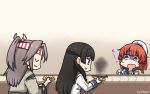  3girls :3 bad_food black_hair blonde_hair blue_sailor_collar bob_cut braid closed_eyes commentary_request conveyor_belt etorofu_(kantai_collection) eyebrows_visible_through_hair fish gradient_hair grey_hair hachimaki hair_ribbon hamu_koutarou hat headband high_ponytail highres isokaze_(kantai_collection) japanese_clothes kantai_collection long_hair long_sleeves multicolored_hair multiple_girls omelet purple_eyes red_eyes red_hair ribbon sailor_collar sailor_hat school_uniform serafuku side_braid tamagoyaki thick_eyebrows tress_ribbon twin_braids upper_body white_headwear zuihou_(kantai_collection) 